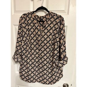 Talbots Shirt Women's 2X Black Pink White Geometric Long Sleeve V Neck Blouse
